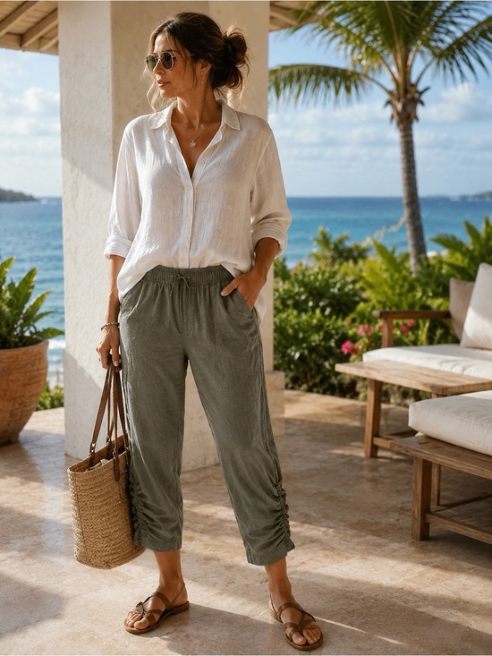 XCVI Pants - XCVI Olive Green Ruched Cropped Pull On Pants Size 3X Comfy Boho